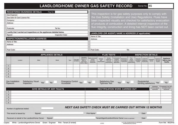 LANDLORDS GAS SAFETY RECORD PAD