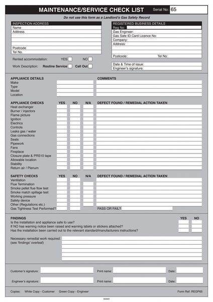 MAINTENANCE CHECK LIST PAD